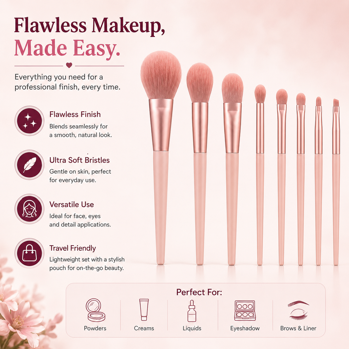 Professional Makeup Brush Set – 8 Piece Soft Synthetic Bristles