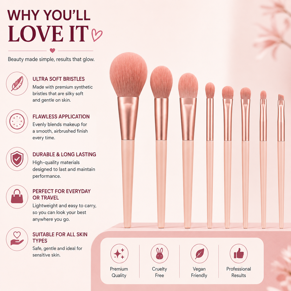 Professional Makeup Brush Set – 8 Piece Soft Synthetic Bristles