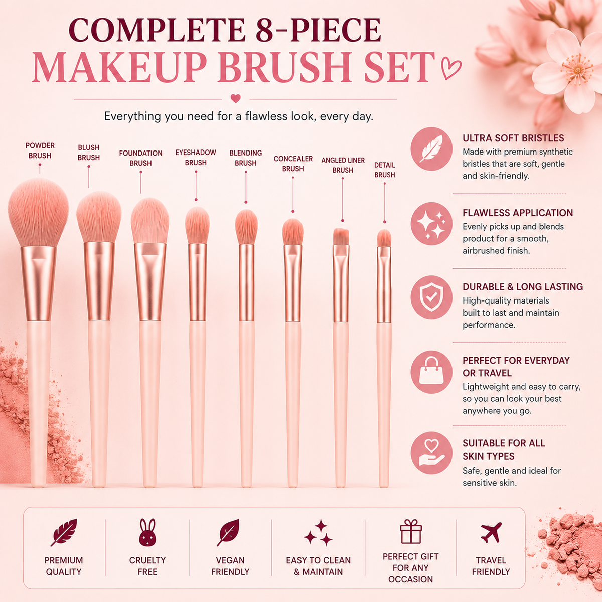 Professional Makeup Brush Set – 8 Piece Soft Synthetic Bristles